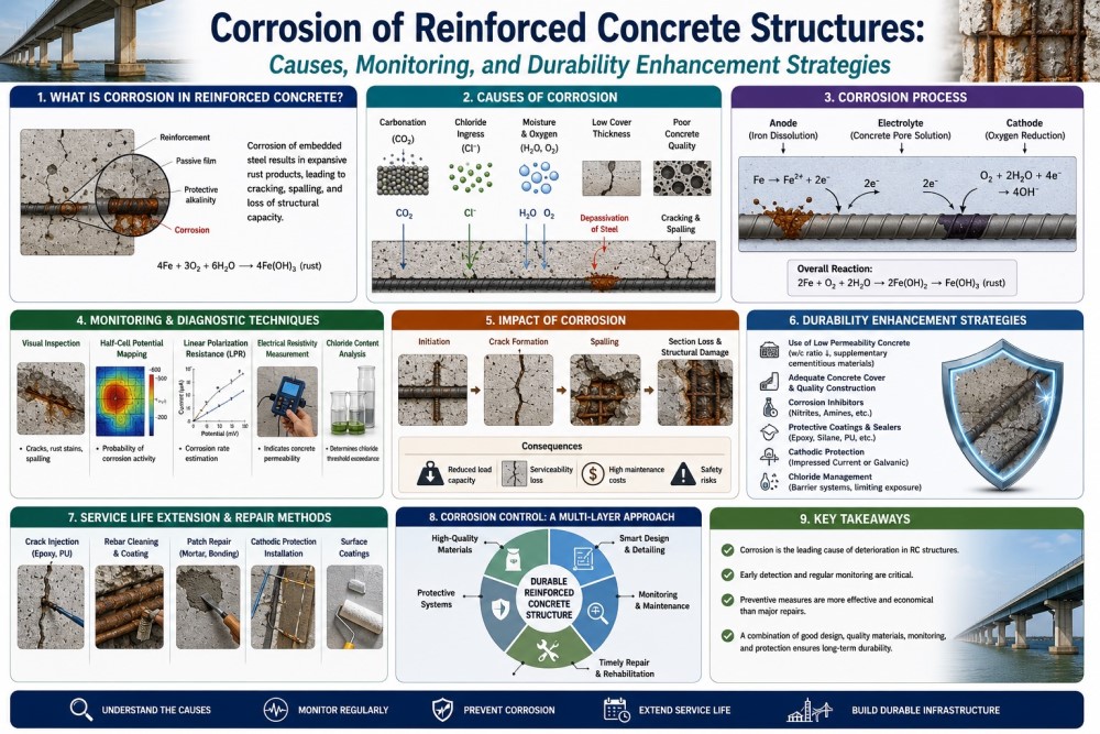 Corrosion of Reinforced Concrete Structures: Causes, Monitoring, and Durability Enhancement Strategies